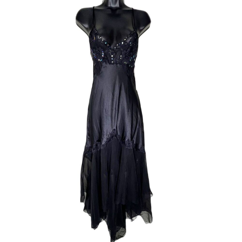 Vintage Shirley of Hollywood Black Satin Lace Sequin Nightgown Goth Fairy Y2K S